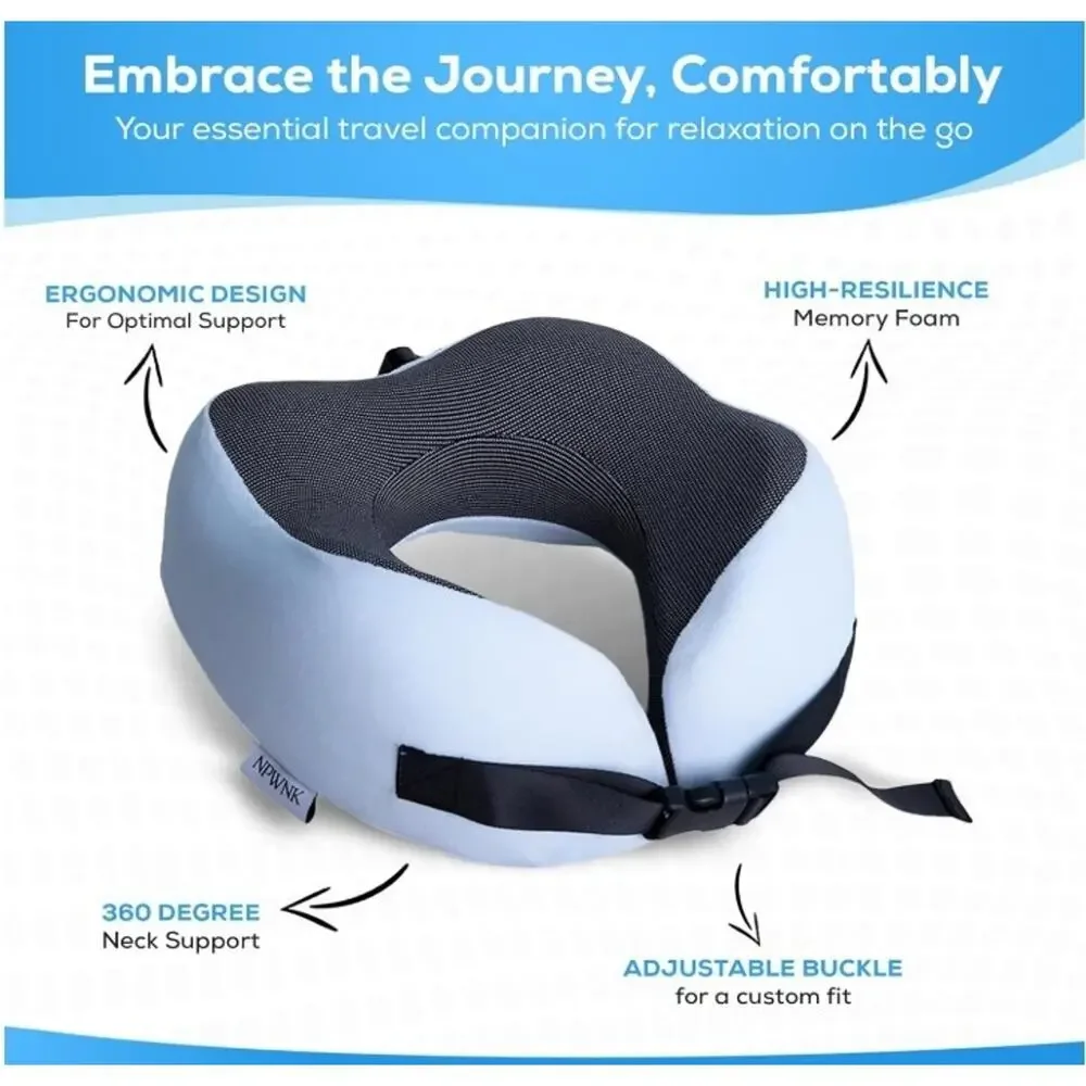 NPWNK Memory Foam Travel Neck Pillow w/ Eye Mask & Case – Grey/Blue